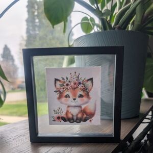Nursery Art - Cute Baby Fox Floral Print in Black Floating Frame